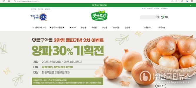 무안군 맛뜰무안몰, 고품질 양파 30% 할인전