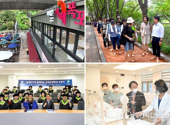 서대문구가 각종 통계조사에서 잇따라 높은 평가를 받고 있다. 사진 왼쪽 위부터 시계 방향으로 ▲카페 폭포 ▲안산(鞍山) 황톳길 ▲공공산후조리원 ▲대학 연합 행복캠퍼스
